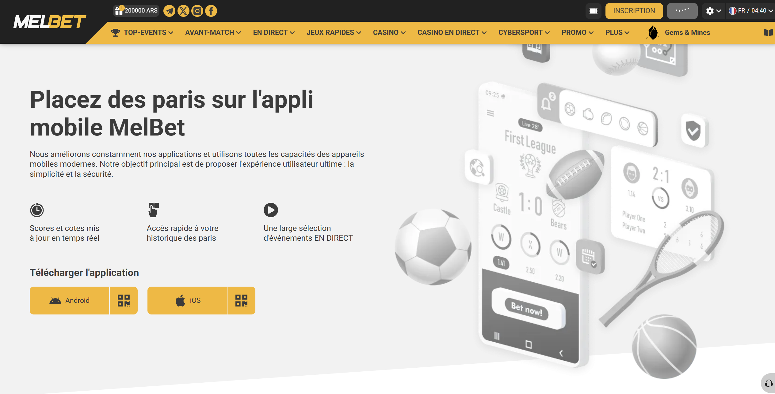 Page officielle de l'application mobile Melbet