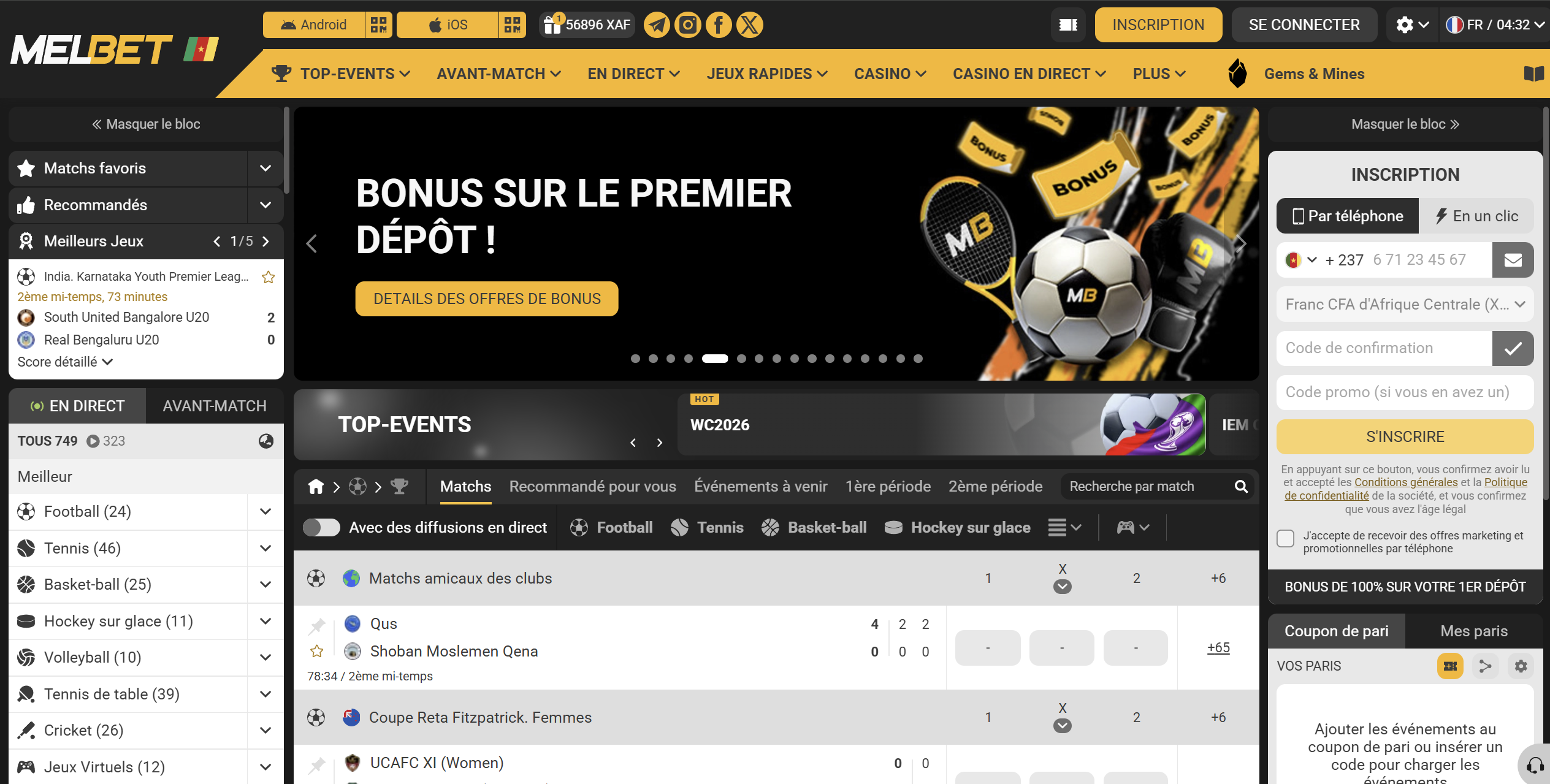 Interface Melbet Cameroun avec paris sportifs en direct