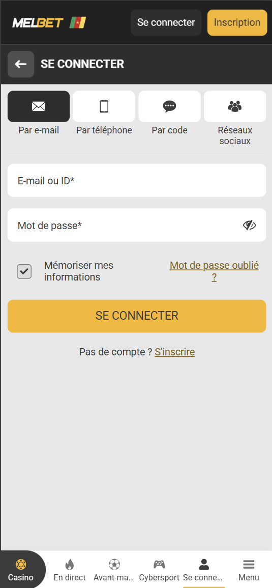 Formulaire de connexion Melbet avec e-mail, telephone, code et reseaux sociaux