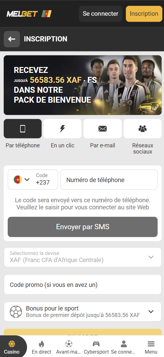 Inscription Melbet Cameroun avec téléphone +237 et XAF